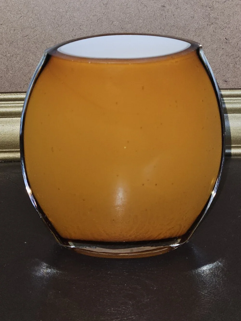Vintage Amber Glass Votive Candle Holder or Vase w White Glass Inside